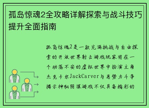 孤岛惊魂2全攻略详解探索与战斗技巧提升全面指南